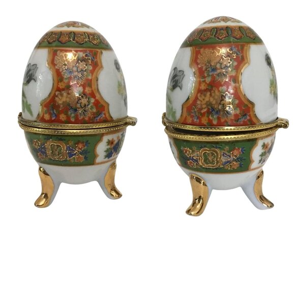 VTG Porcelain Egg Trinket Boxes Pair Floral Gilt Hinged Gold Tripod Stand 4" - Picture 5 of 10